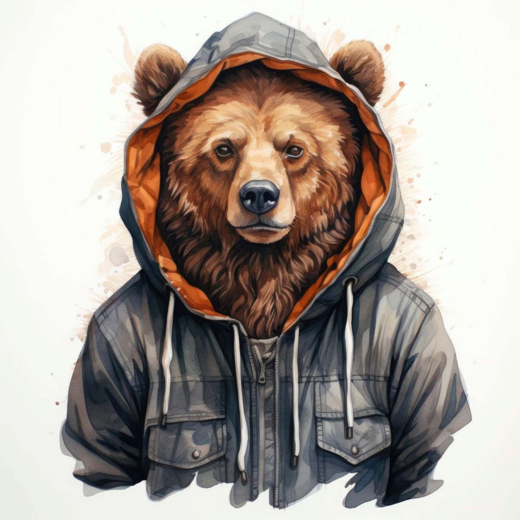 Watercolor Cartoon Grizzly Bear in a Hoodie