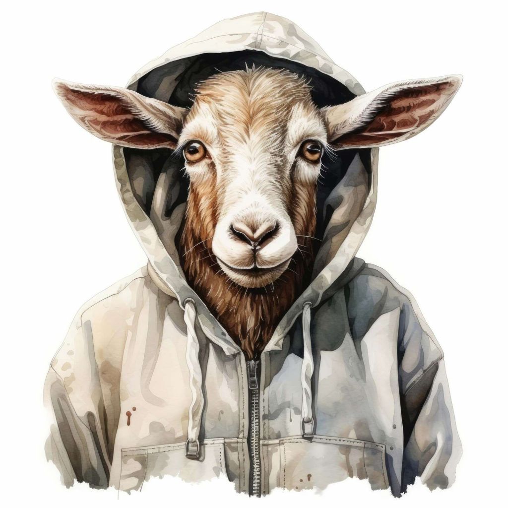 Watercolor Cartoon Goat in a Hoodie