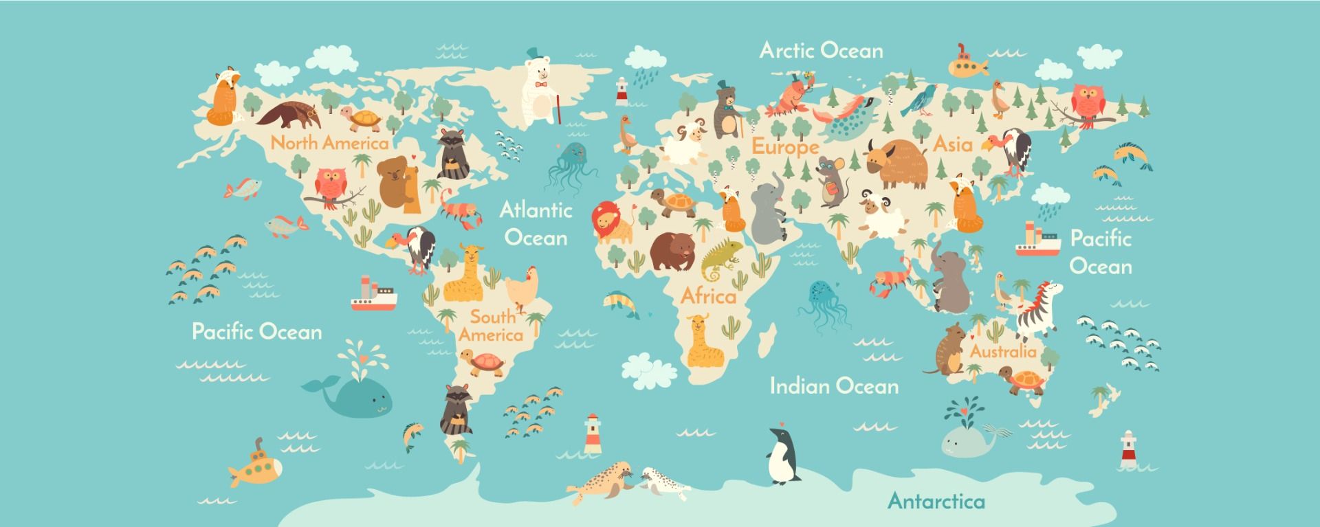 droom buiten gebruik Absoluut Wereldkaart met dieren - Fotobehang