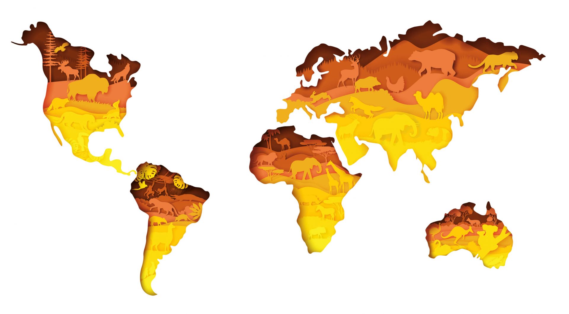 factor Noordoosten min Dieren wereldkaart oranje tinten - Fotobehang