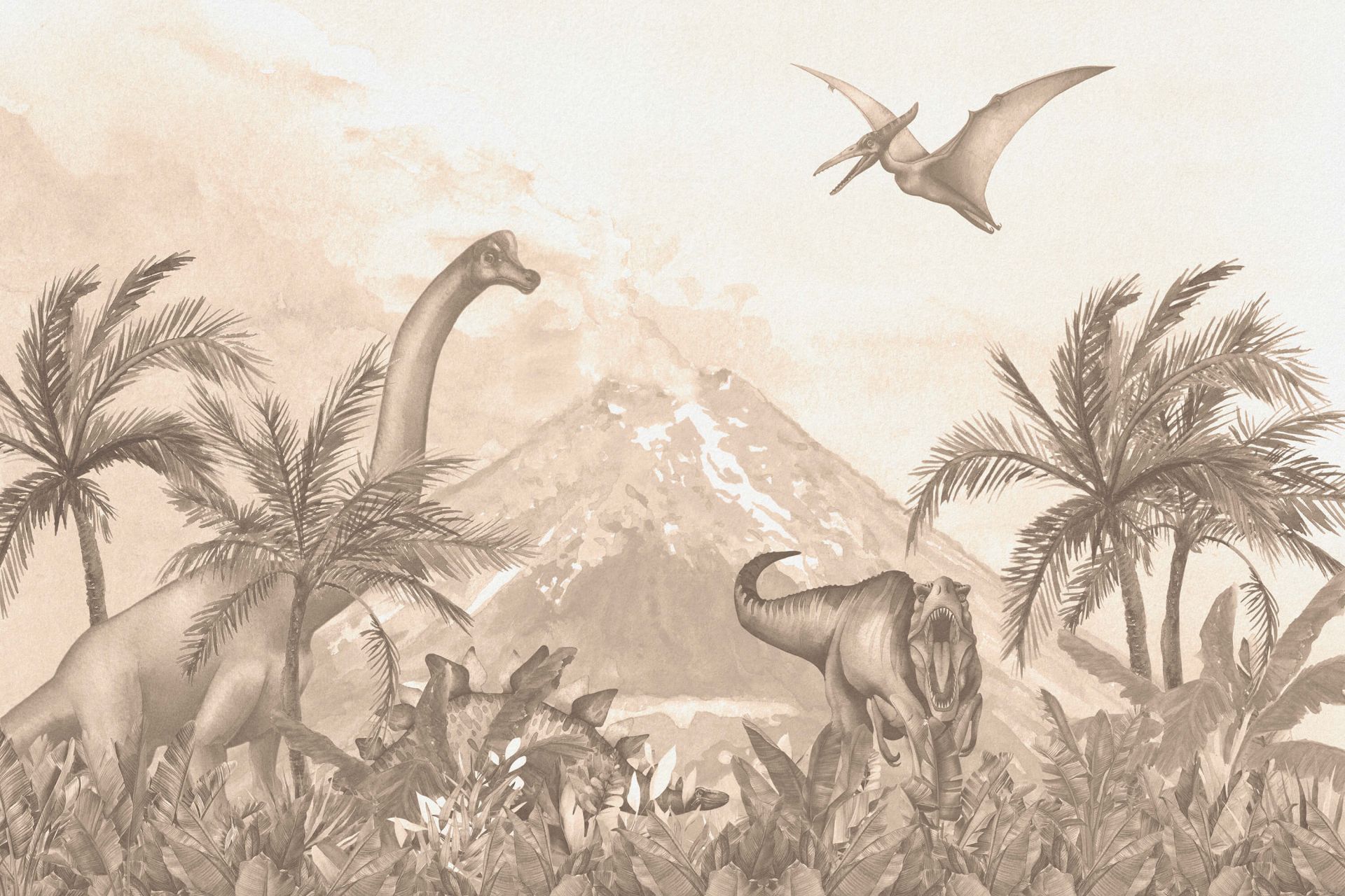 Een afbeelding met verschillende dinosaurussen vulkaan op de - Fotobehang