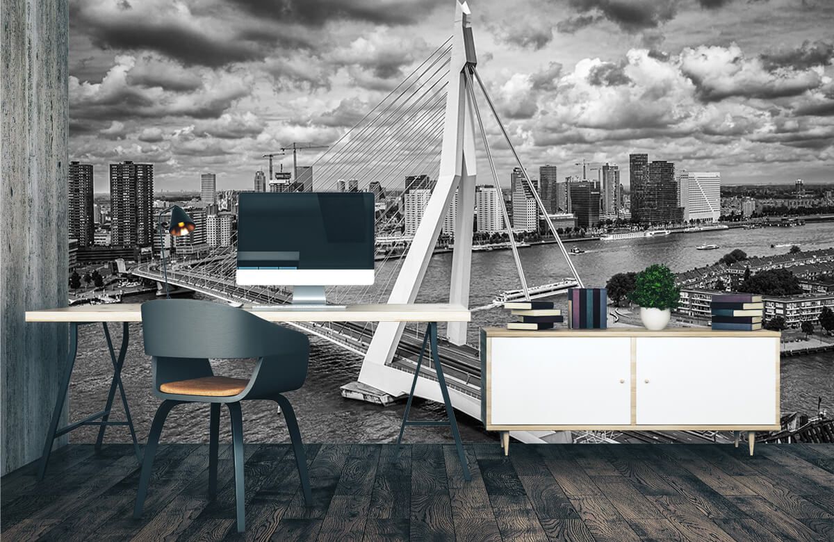 Vier Dek de tafel Veronderstelling Rotterdam centrum vanaf grote hoogte in zwart-wit - Fotobehang